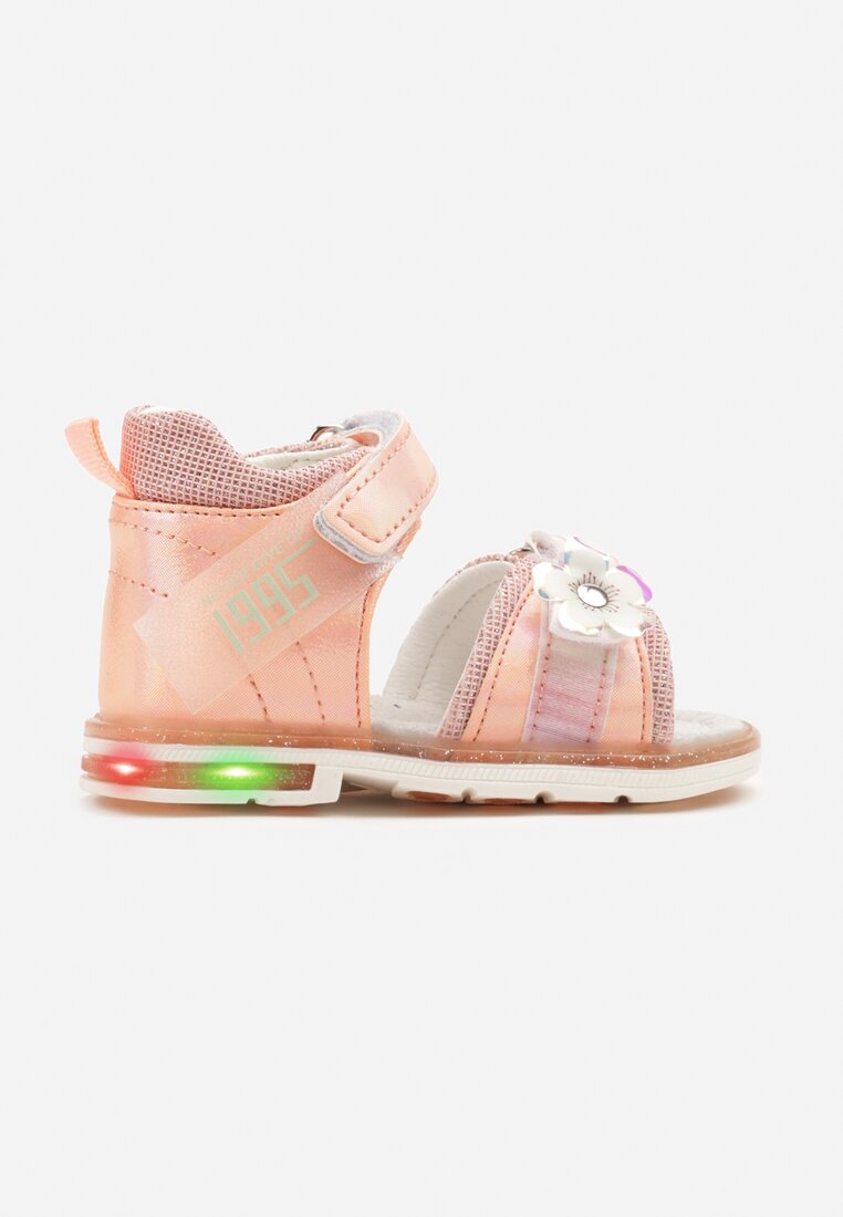 Sandale Portocalii din Piele Naturală cu LED-uri, cu Inscripții și Flori 3D Rosandoria