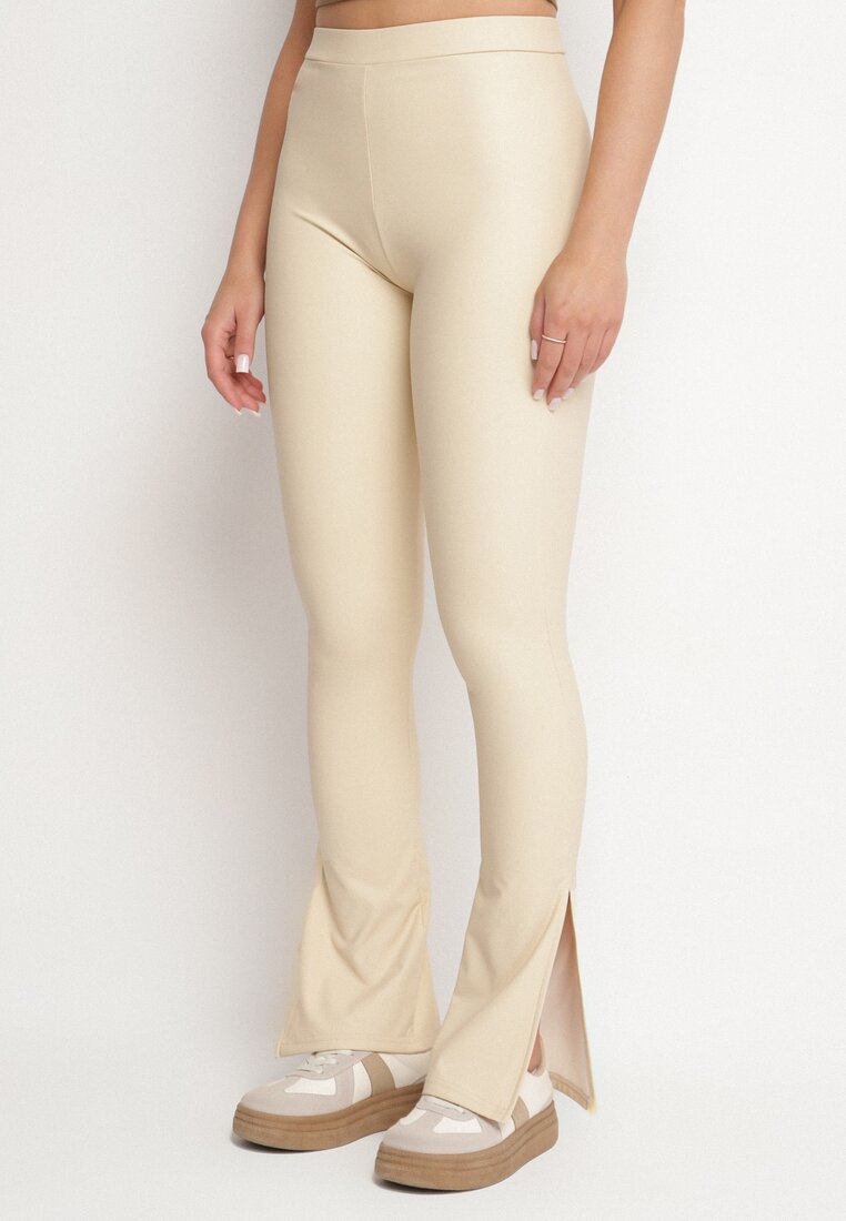 Pantaloni Bej din Piele Ecologică Stil Clopot cu Talie Înaltă Ellirra