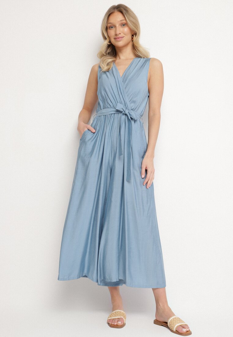 Salopetă Albastră Cintrată cu Viscoză și Curea Evithrae