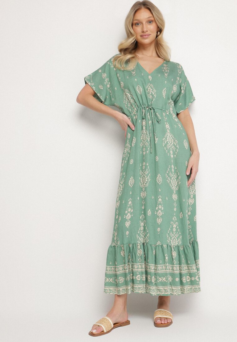 Rochie Verde Cloș cu Viscoză cu Imprimeu Boho cu Volan Turaline