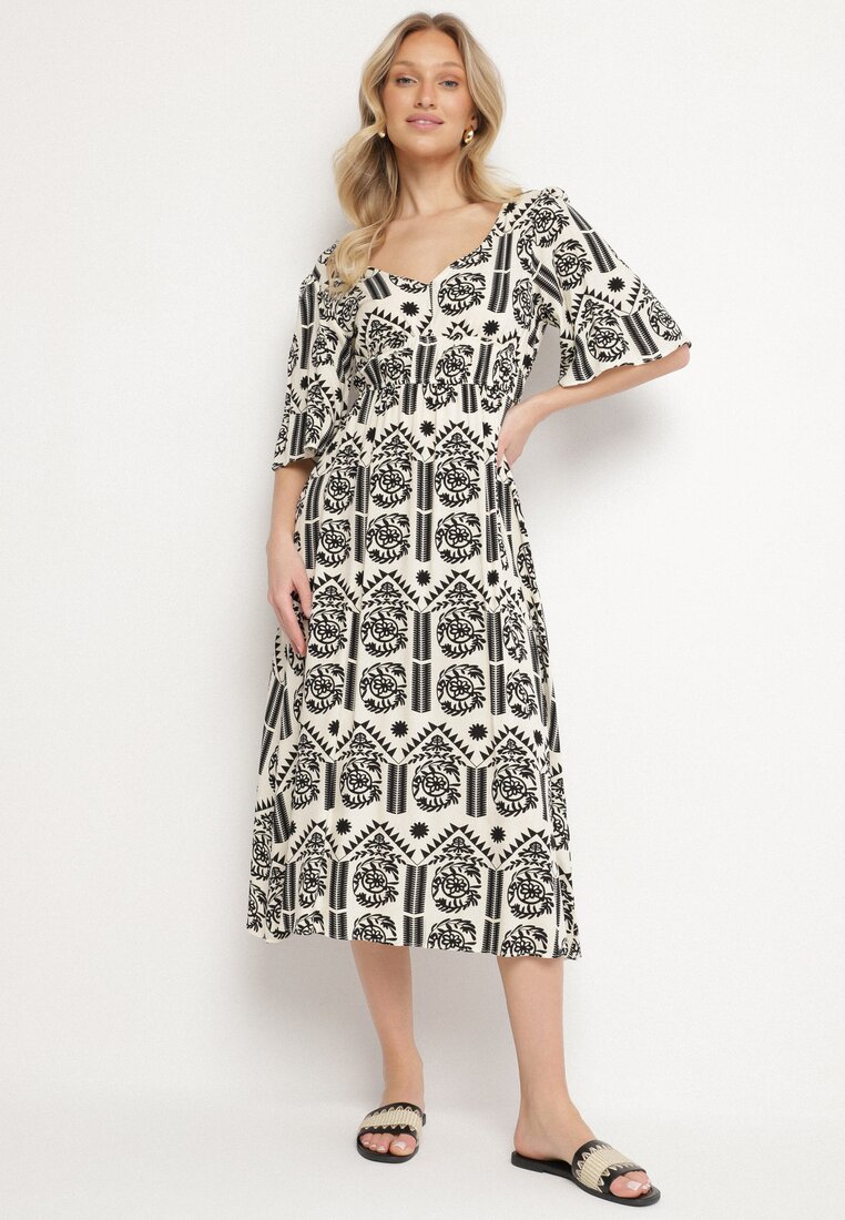 Rochie Negru-Crem Viscoză Evazată cu Spatele Decupat cu Imprimeu Boho Turaisa