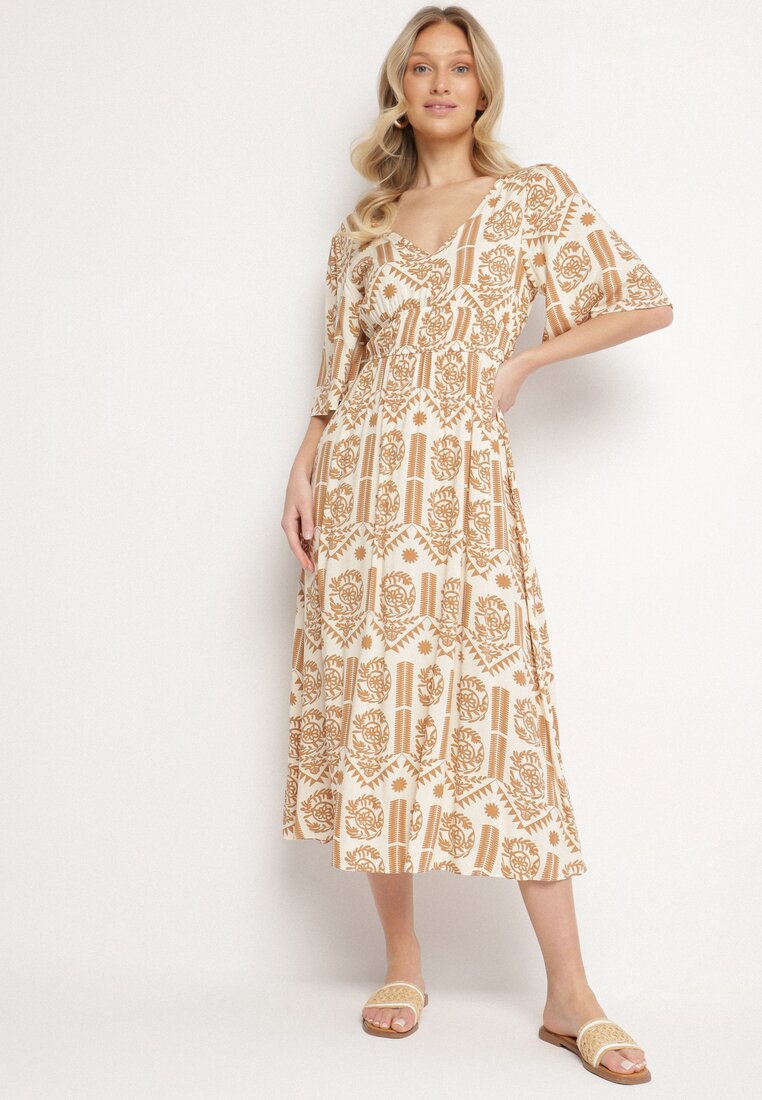 Rochie Bej închis din viscoză evazată cu spatele gol cu imprimeu Boho Turaisa