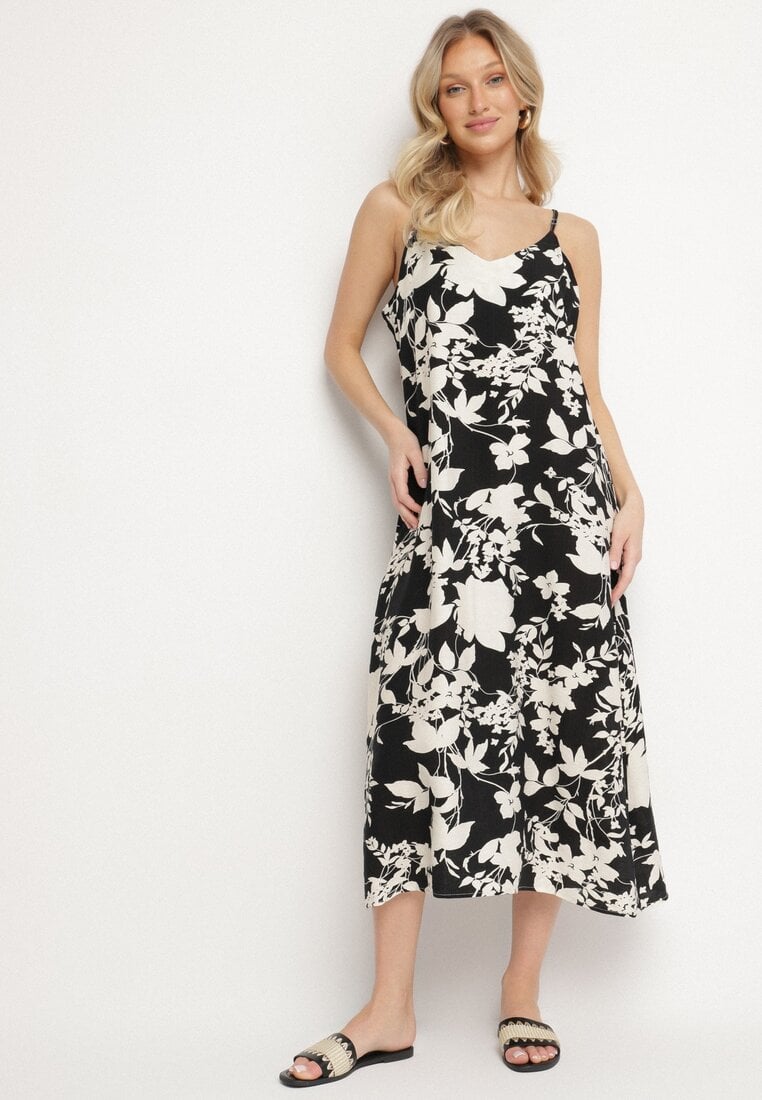 Rochie Evazată Negru-Crem cu Viscoză cu Imprimeu Floral Juliade