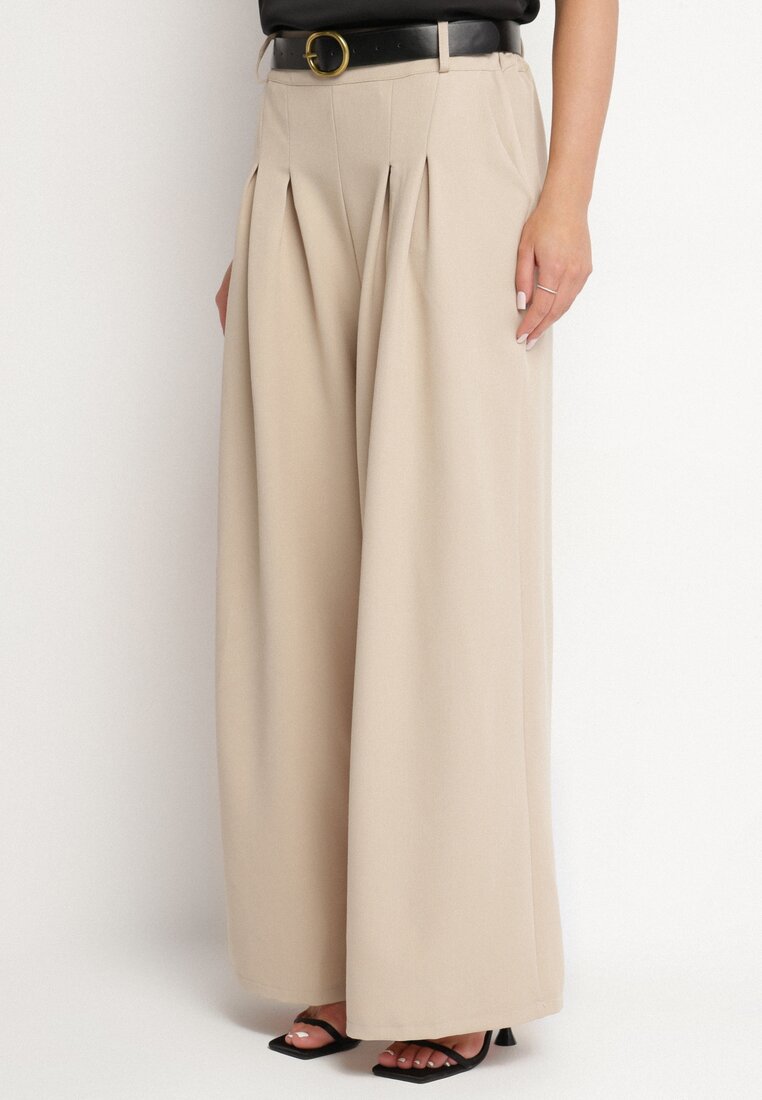 Pantaloni de costum bej din Viscoză cu croială largă cu curea Ravilis
