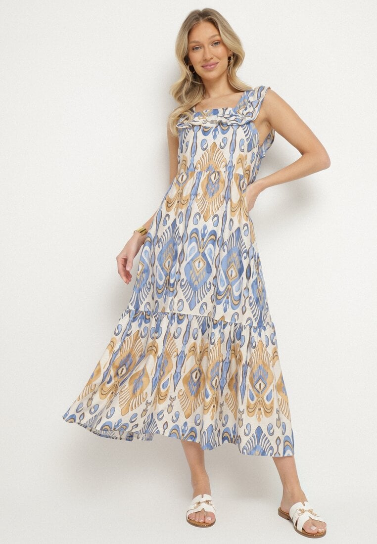 Rochie Evazată Albastră cu Vâscoză Legată la spate cu Imprimeu Boho Turielia