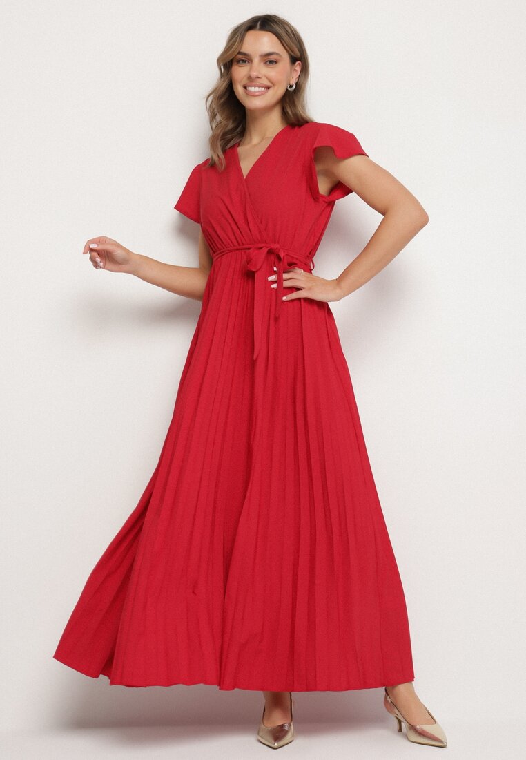 Rochie Elegantă Vișinie Maxi cu Pliuri cu Decolteu Petrecut și Legătură Thessi