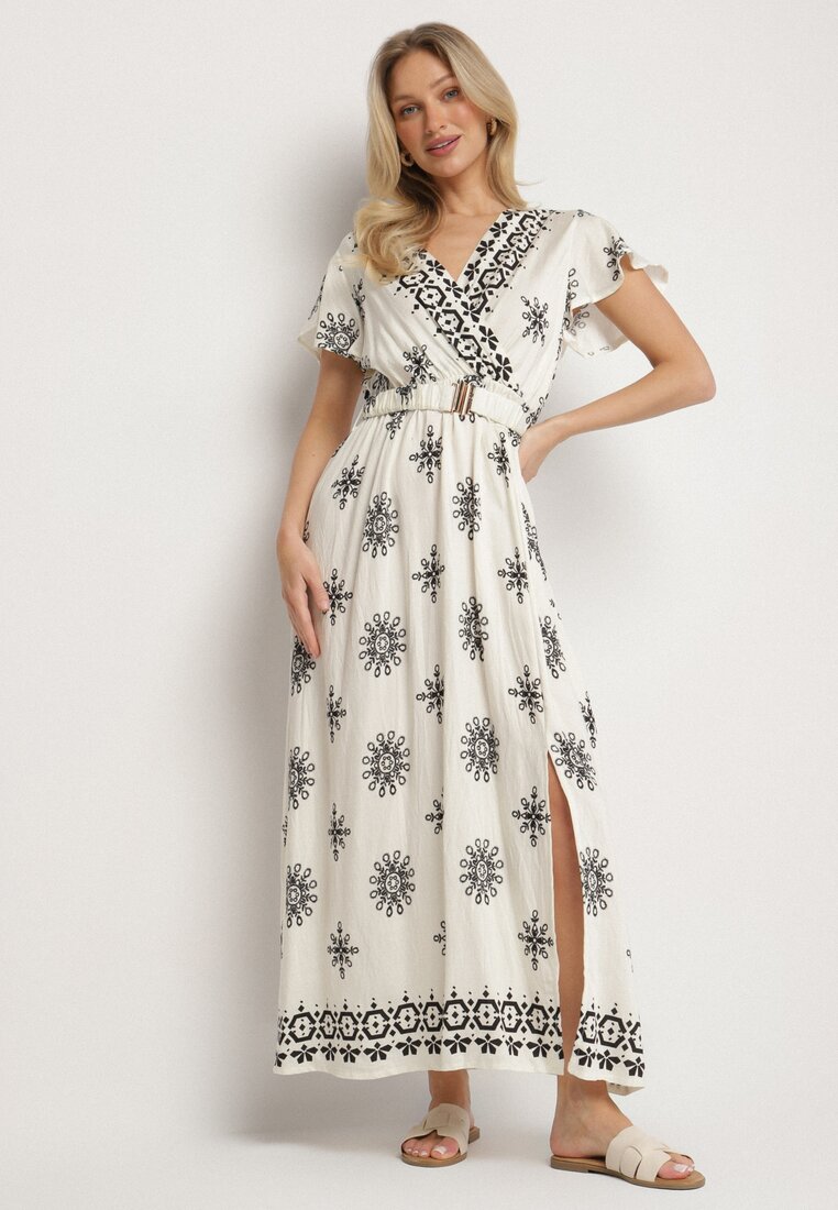 Rochie Bej deschis cu Model Ornamental cu Curea Elastică Tosvanna