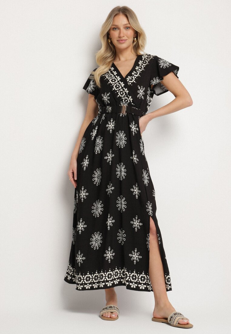 Rochie Neagră cu Model Ornamental cu Cordon Elastic Tosvanna