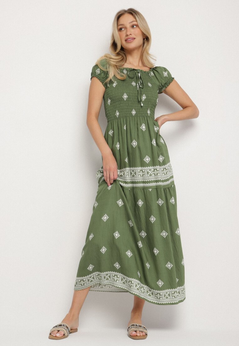 Rochie Verde din Viscoză cu Model Boho Ellirose