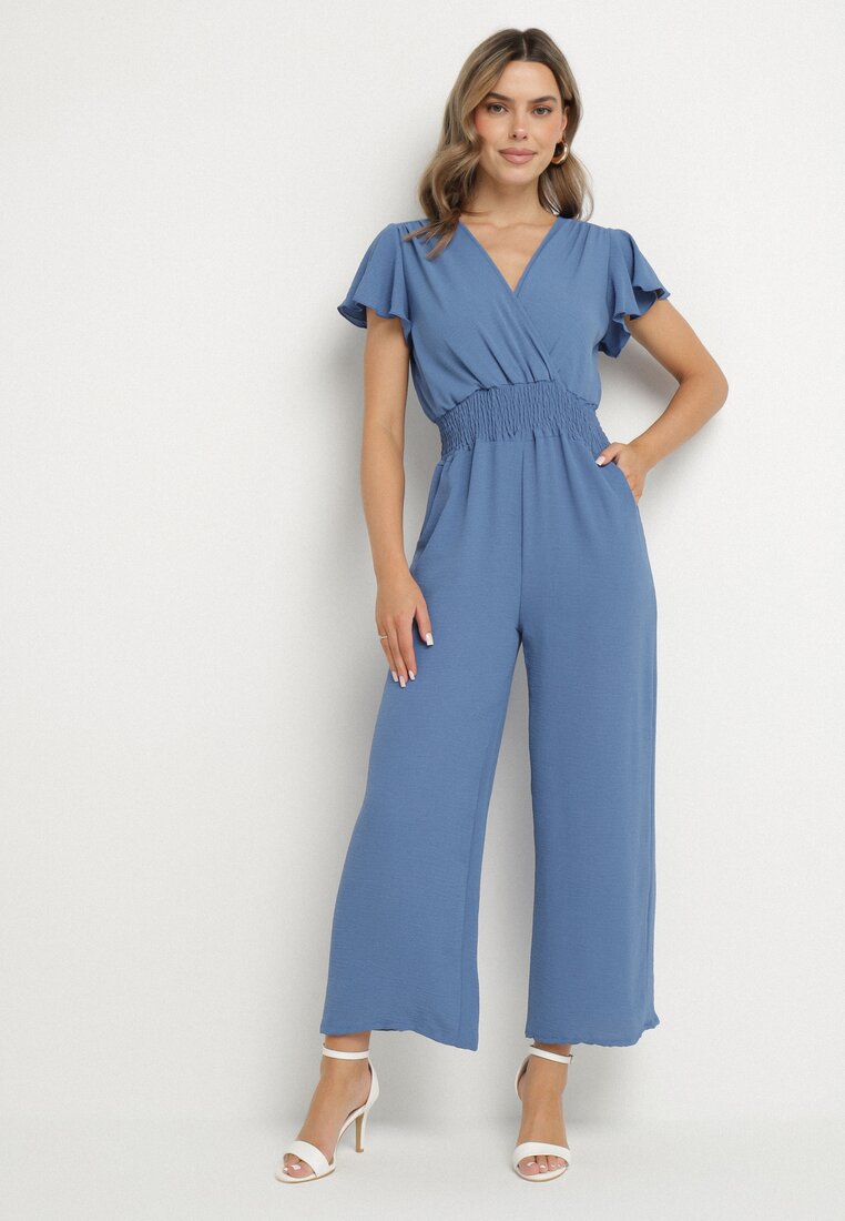 Salopetă Albastră cu Decolteu petrecut și Betelie lată elastică în talie Evimevi