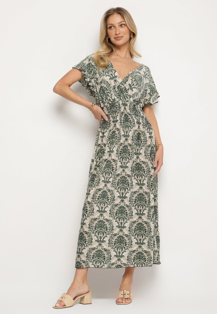 Rochie Verde cu Model Etno, cu Volane și Talie Elastică Ellivira