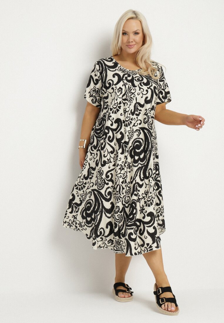 Rochie Evazată Neagră din Viscoză cu Imprimeu Geometric Emisova