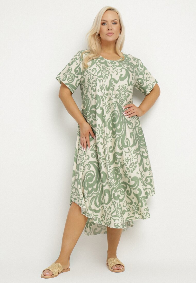 Rochie Verde Cloș din Viscoză cu Model Geometri Emisova