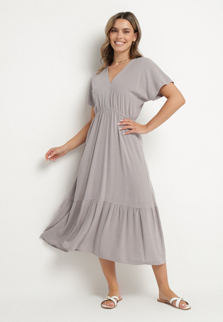 Rochie Gri cu In și Viscoză Decorată cu Legătură Elliova