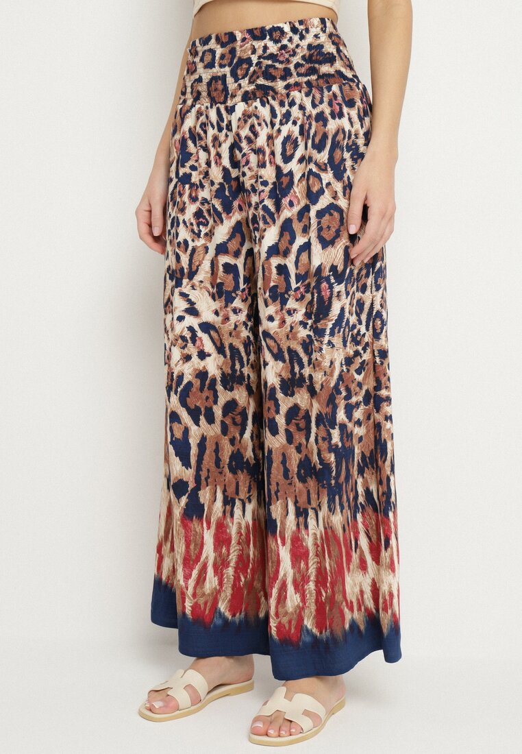 Pantaloni Roșu-Bleumarin din vâscoză cu croială largă cu talie înaltă Ellivana