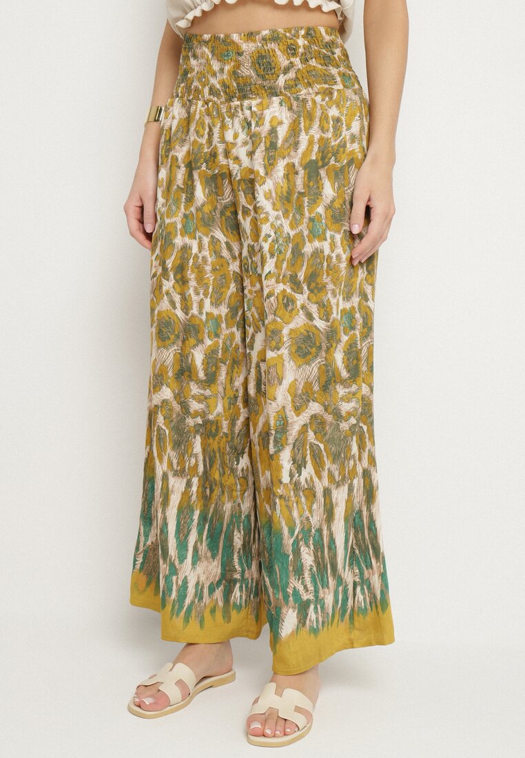 Pantaloni din Viscoză cu Croială Largă cu Talie Înaltă Bej-Galben Ellivana