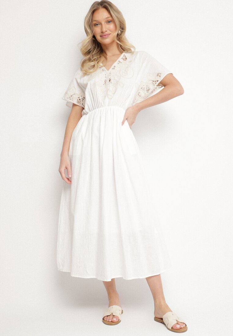 Rochie Albă de Bumbac în Stil Rustic cu Buzunare Orriviane