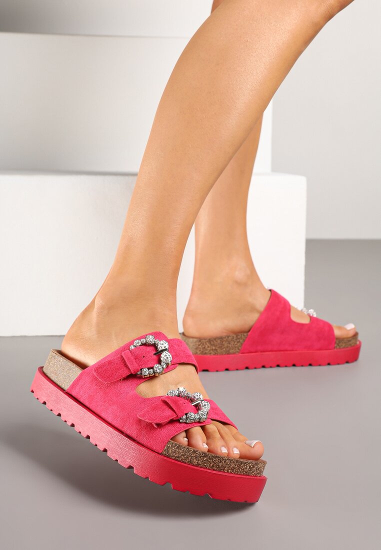 Papuci Fucsia pe Talpă Groasă Din Plută cu Zirconii Sellio
