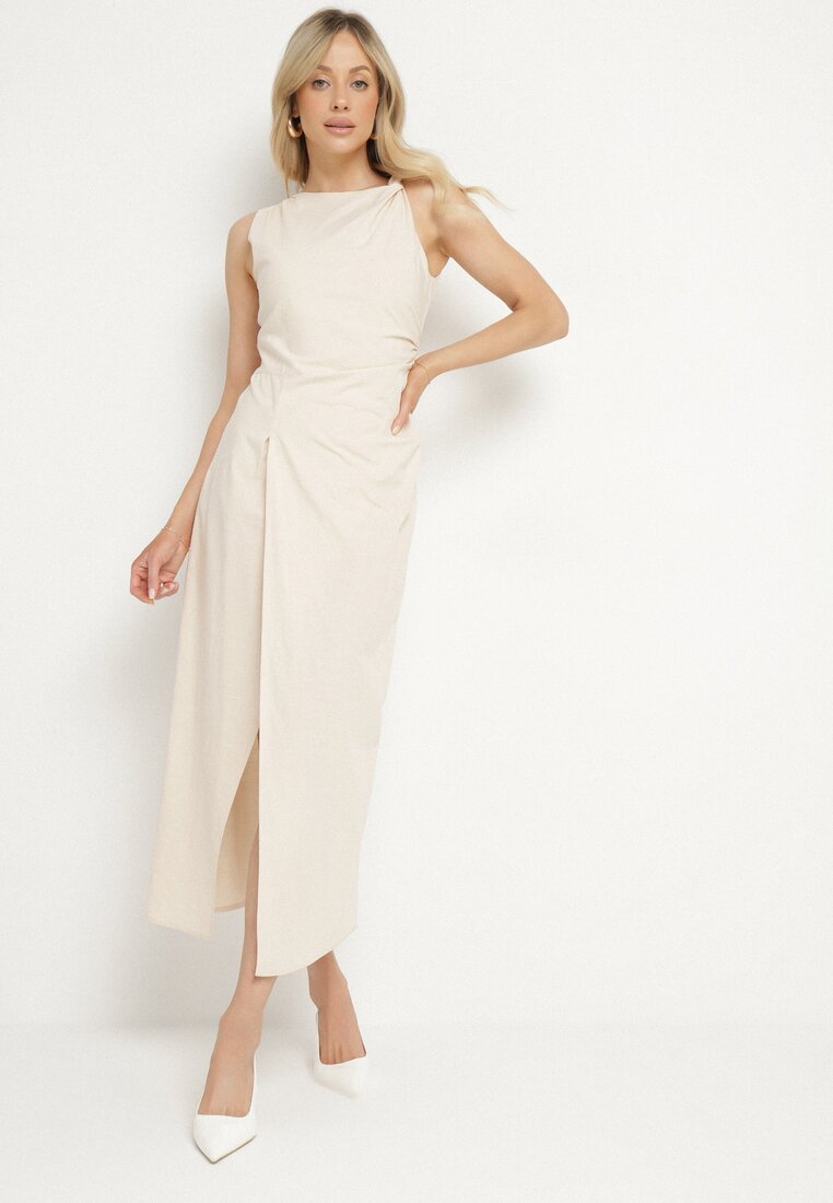 Rochie mulată bej deschis cu bumbac și viscoză cu șliț Turilia