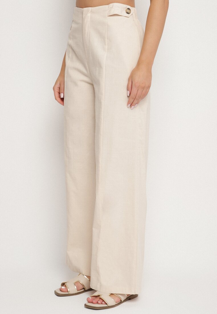 Pantaloni Bej Largi cu Viscoză, Bumbac și Imitație de Buzunare Divoppa