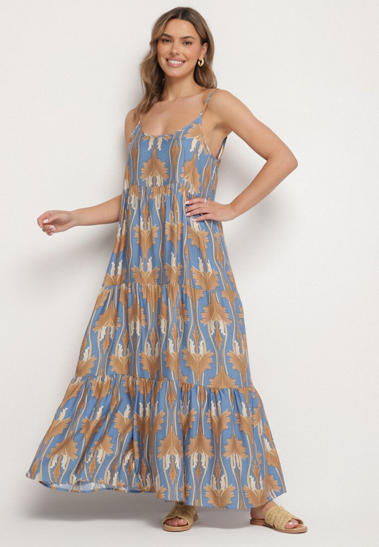 Rochie Albastru-Bej evazată Boho cu bretele subțiri Tosave