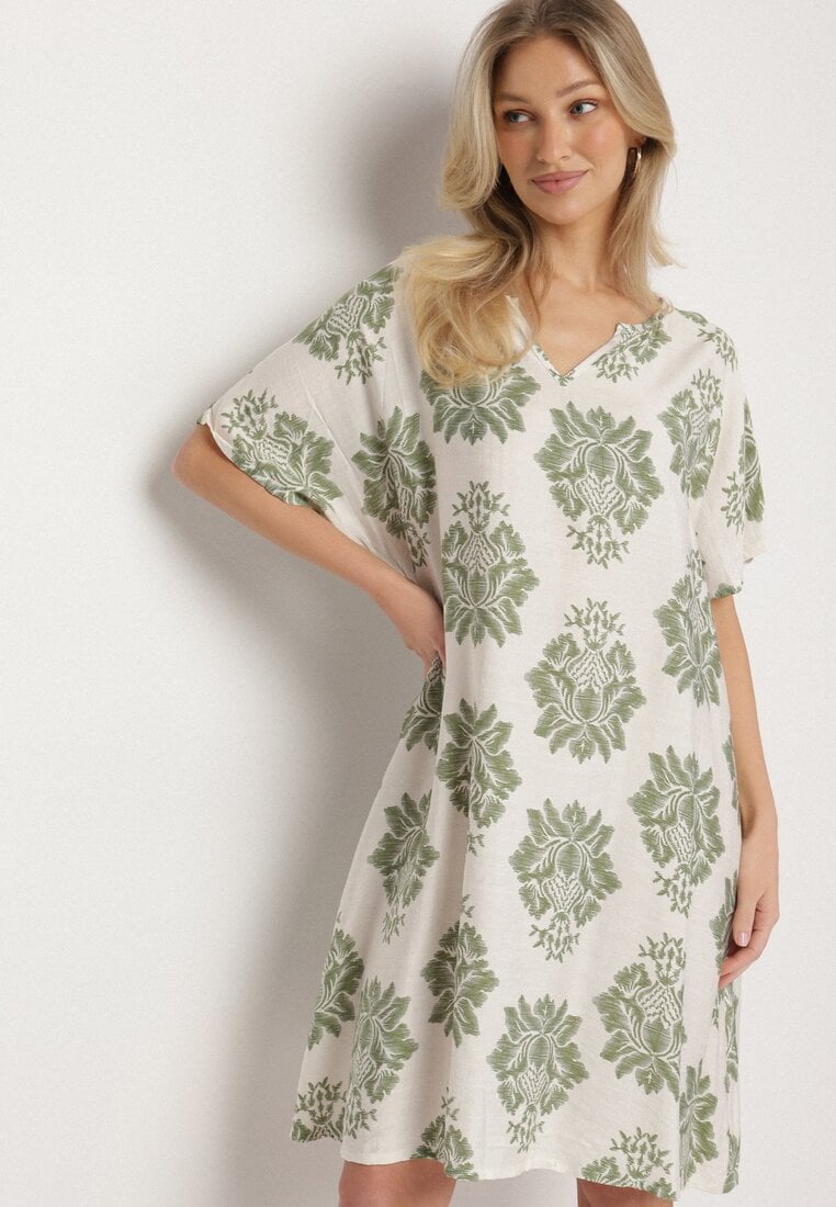 Rochie Verde Dreaptă din Viscoză Decorată cu Model Geometric Emilavie