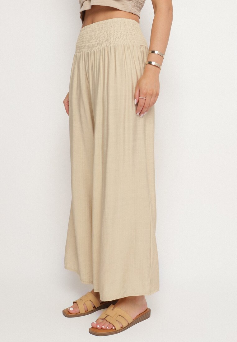 Pantaloni Bej din Viscoză Largi cu Talie Înaltă Orrilia