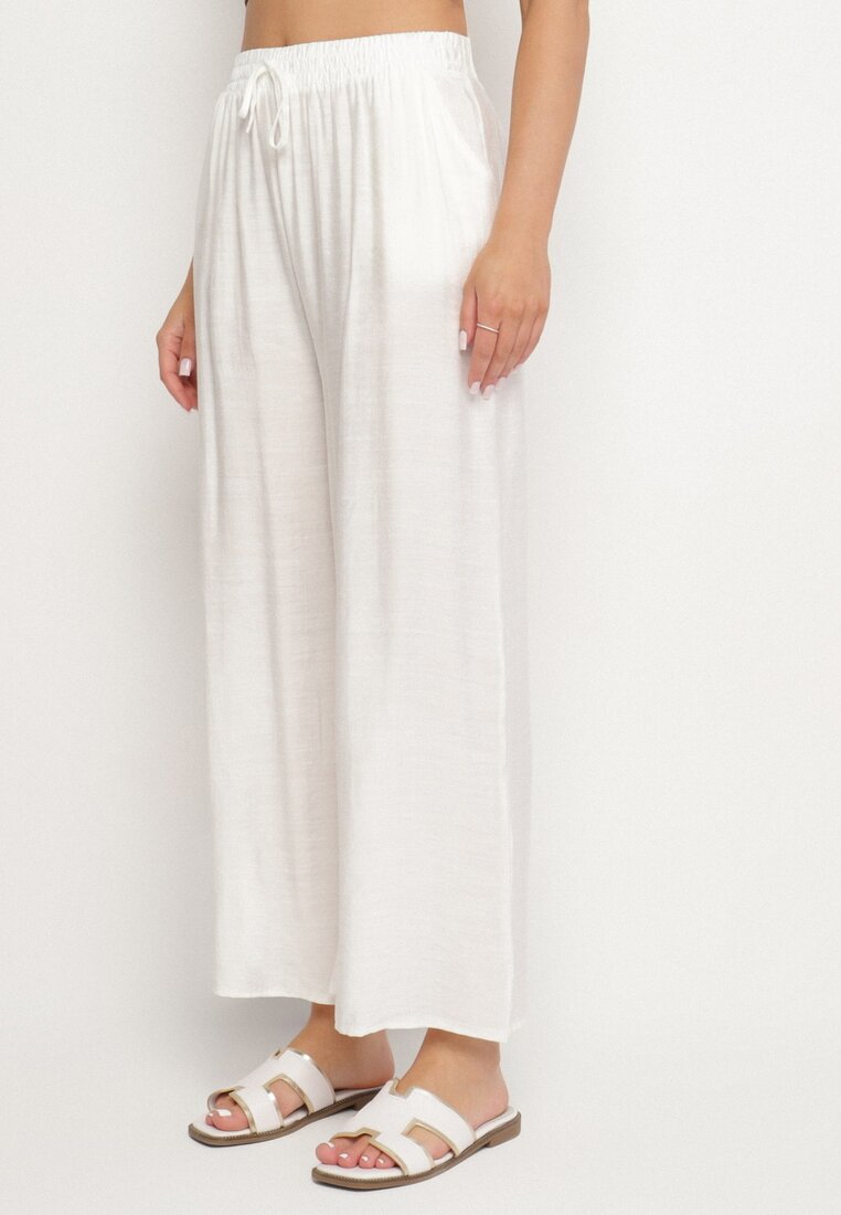 Pantaloni largi din viscoză cu talie înaltă bej deschis Divola