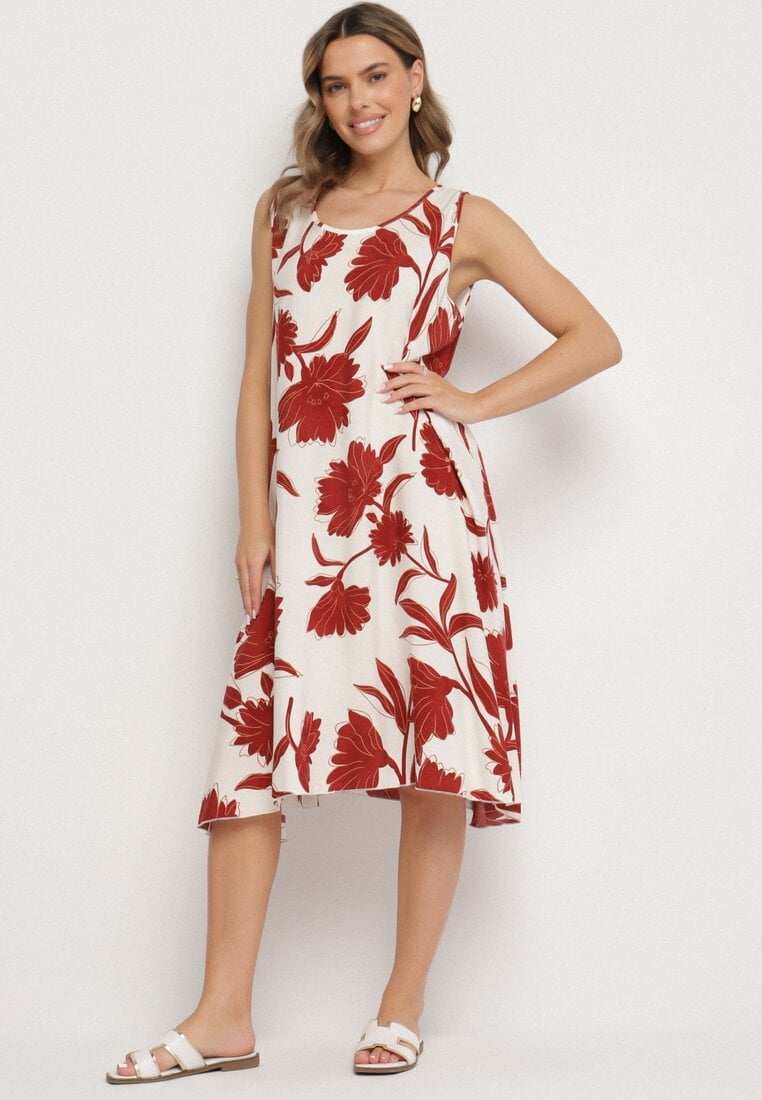 Rochie Bordeaux din Viscoză cu Imprimeu Floral Fără Mâneci Orrulene