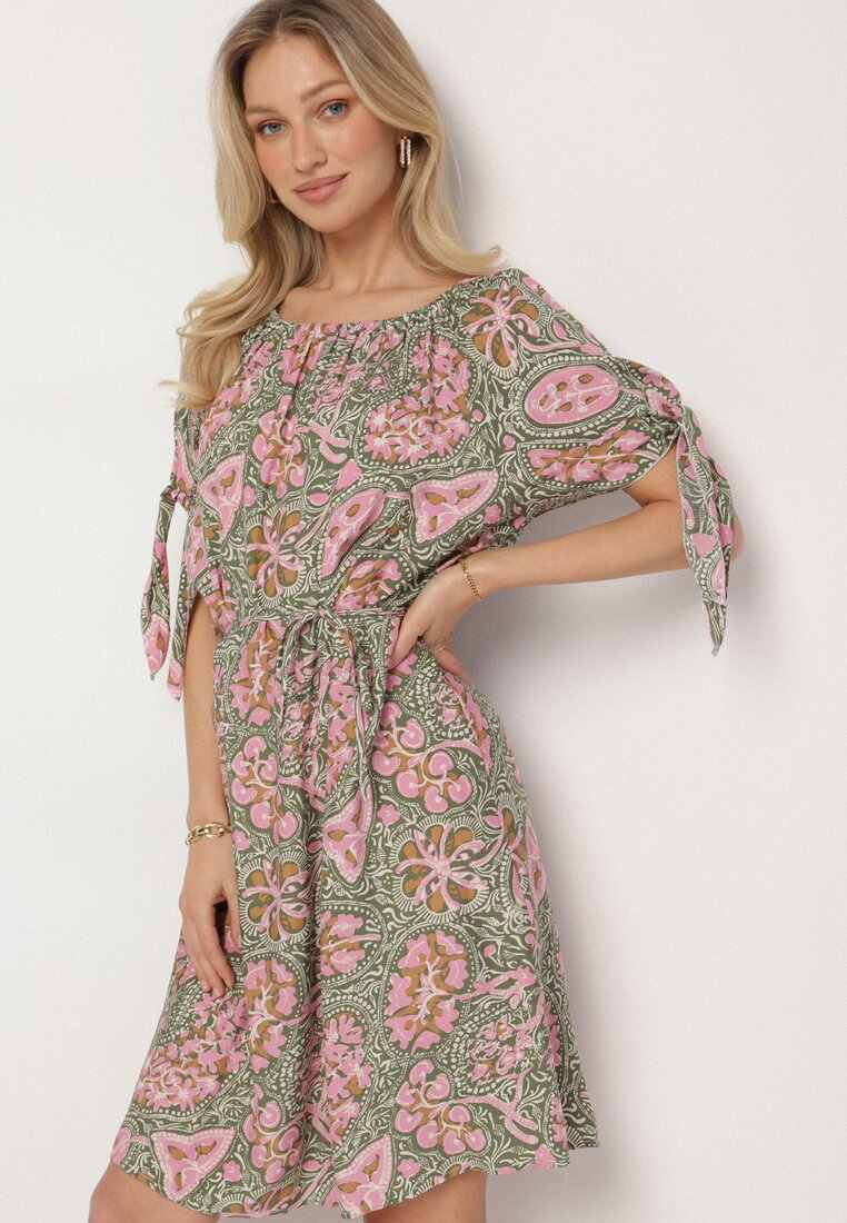 Rochie Roz din Bumbac cu Decolteu Rotund și Cordon în Talie Tosaria