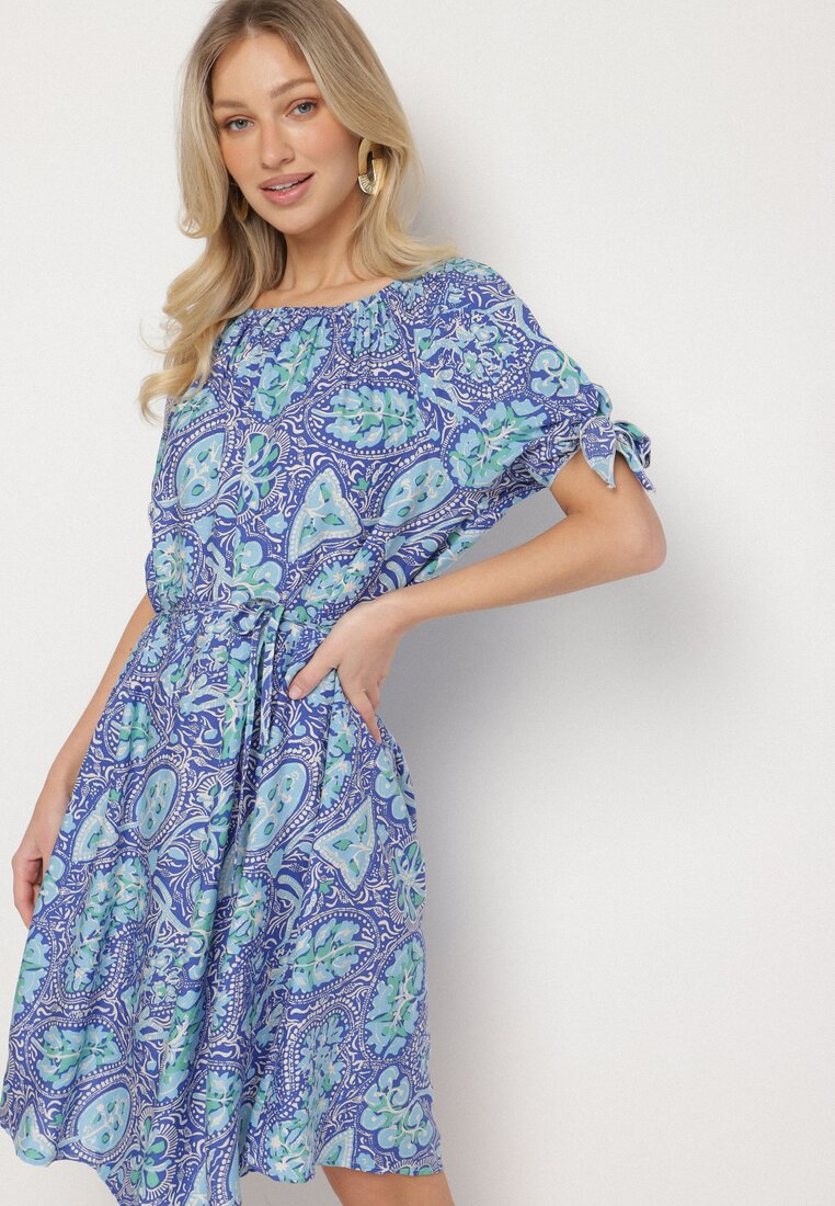 Rochie Albastră din Bumbac cu Decolteu Rotund și Cordon în Talie Tosaria