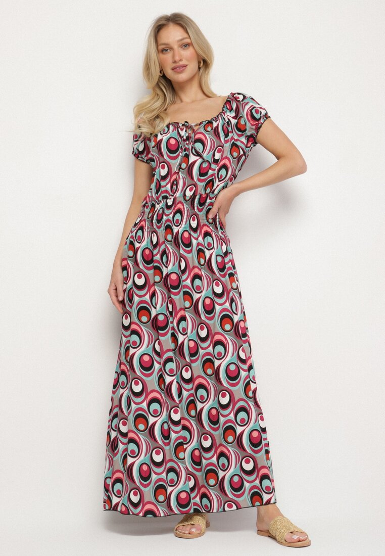 Rochie verde deschis cu model geometric și decolteu spaniol Tosile