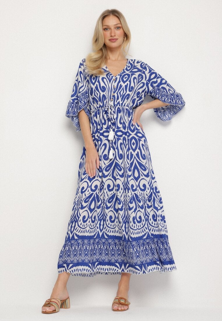 Rochie albastră de bumbac cu model ornamental cu elastic în talie Orrielle