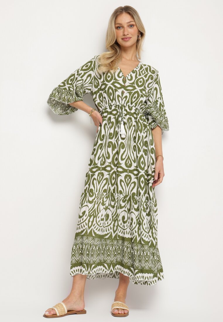 Rochie Verde din bumbac cu model ornamental cu elastic în talie Orrielle