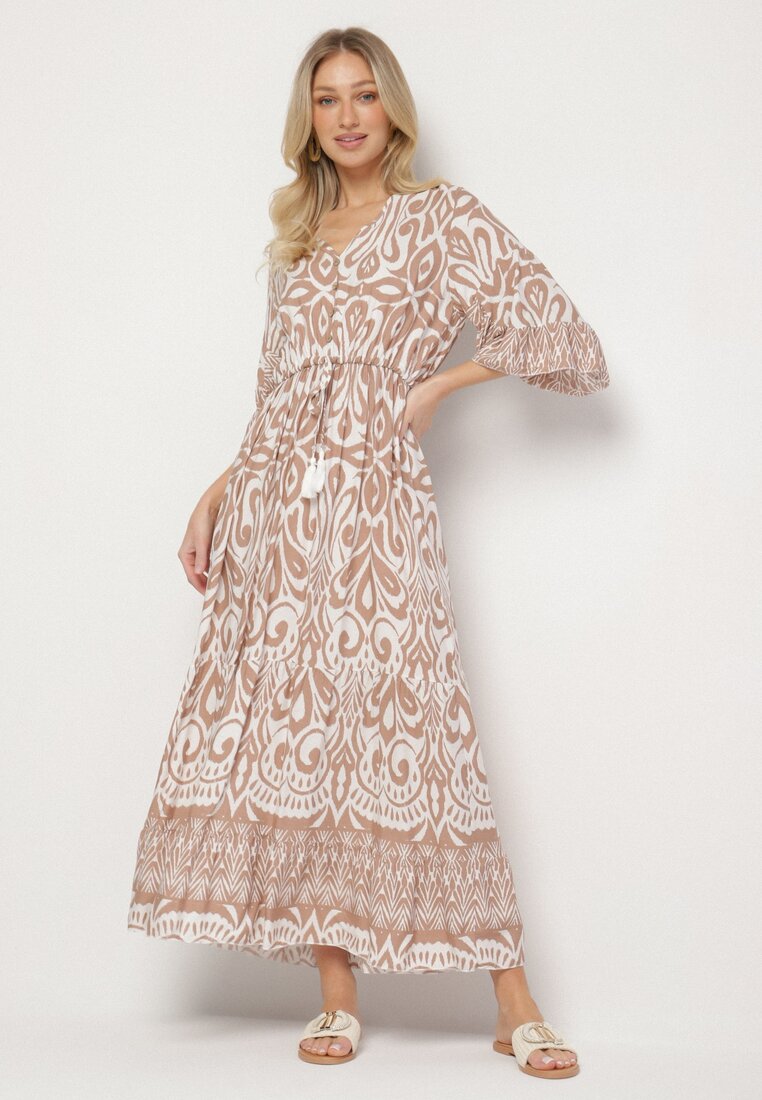 Rochie Bej deschis din bumbac cu model ornamental cu elastic în talie Orrielle