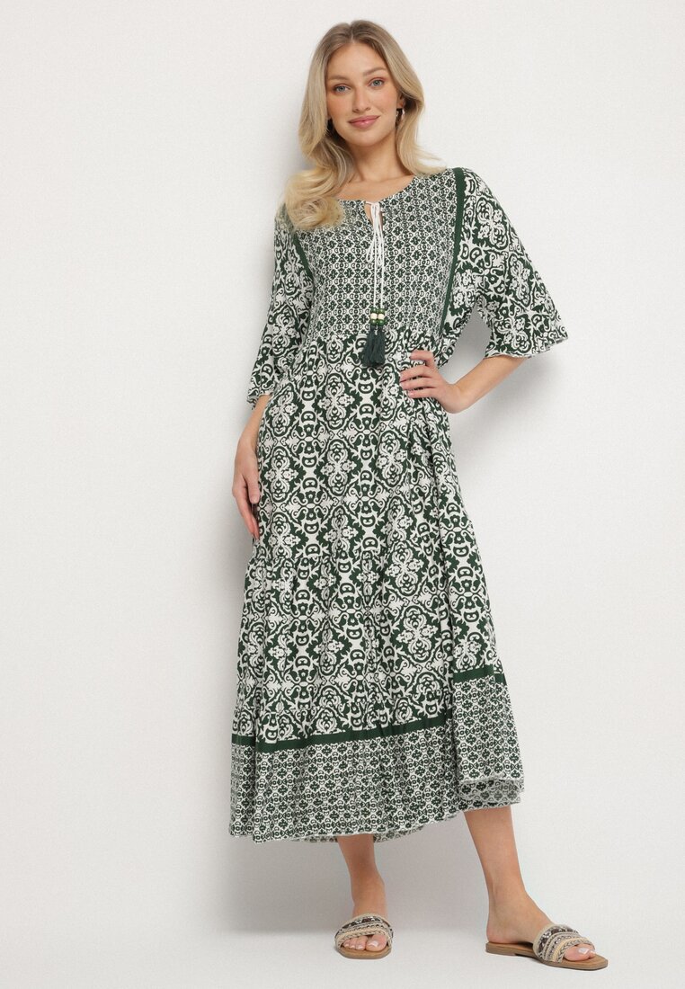 Rochie Verde de Bumbac Stil boho cu șiret la decolteu Orradelle