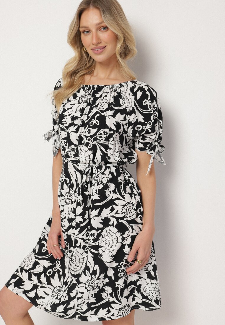 Rochie Neagră Din Bumbac cu Plante Ornamentale și Legături la Mâneci Tosvena