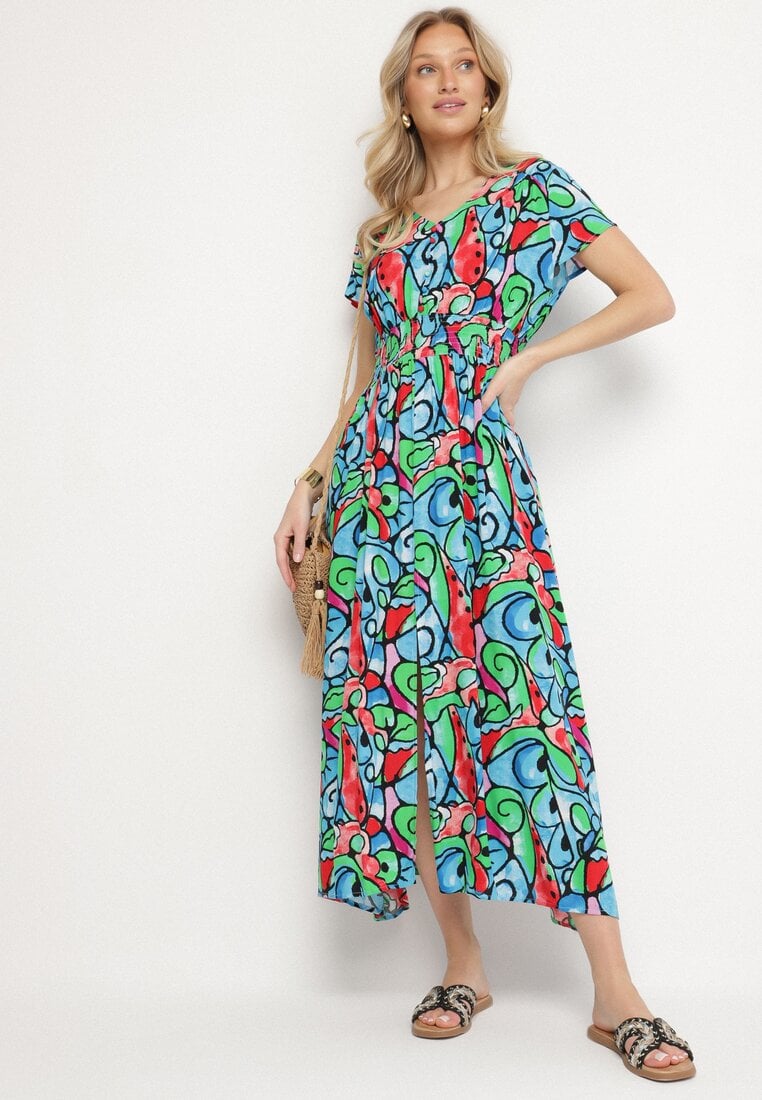 Rochie Albastră Din bumbac cu Model Abstract Emilisse