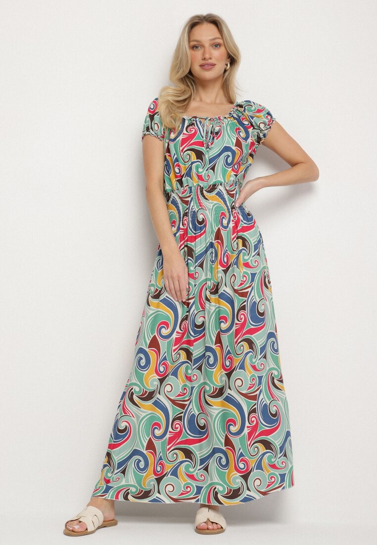 Rochie de bumbac verde deschis cu model abstract și elastic în talie Orralisa