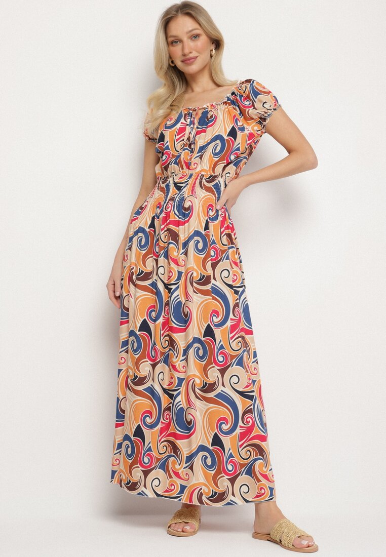 Rochie portocalie de bumbac cu model abstract și cu elastic în talie Orralisa