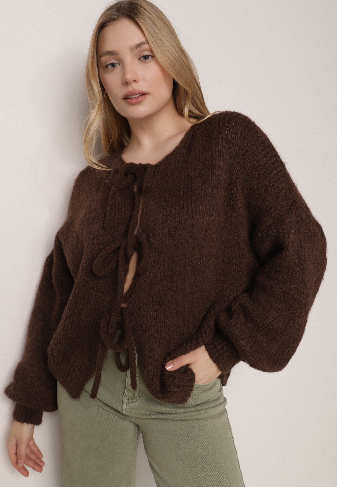 Cardigan Maro Oversize cu Lână Decorat cu Fundițe Eleathalie