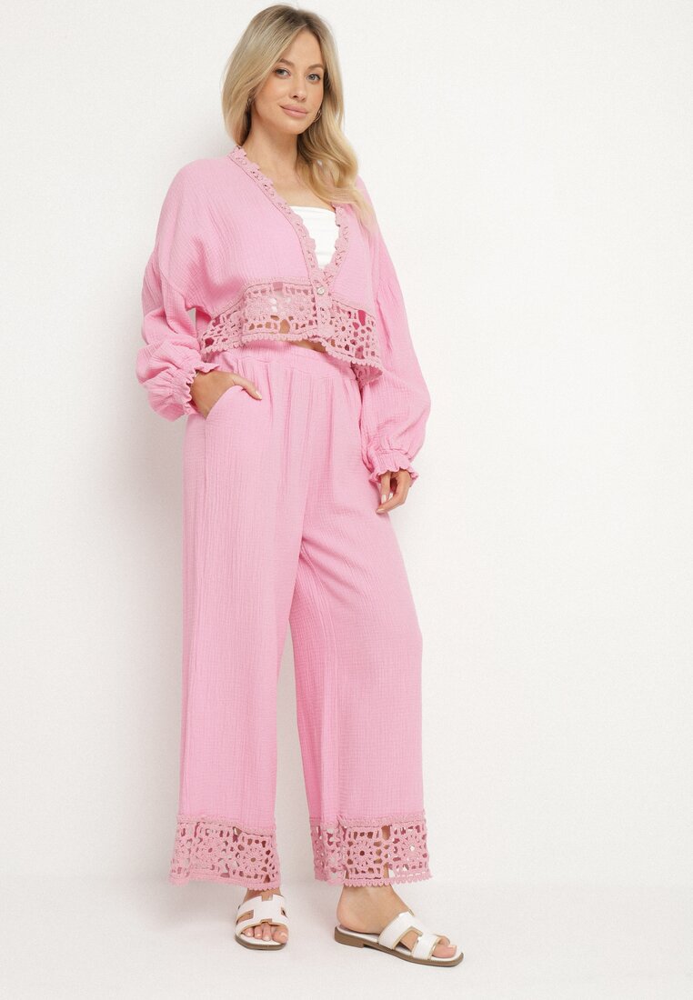 Compleu Roz din Bumbac cu Broderie Ajurată Bluză și Pantaloni Palaniela