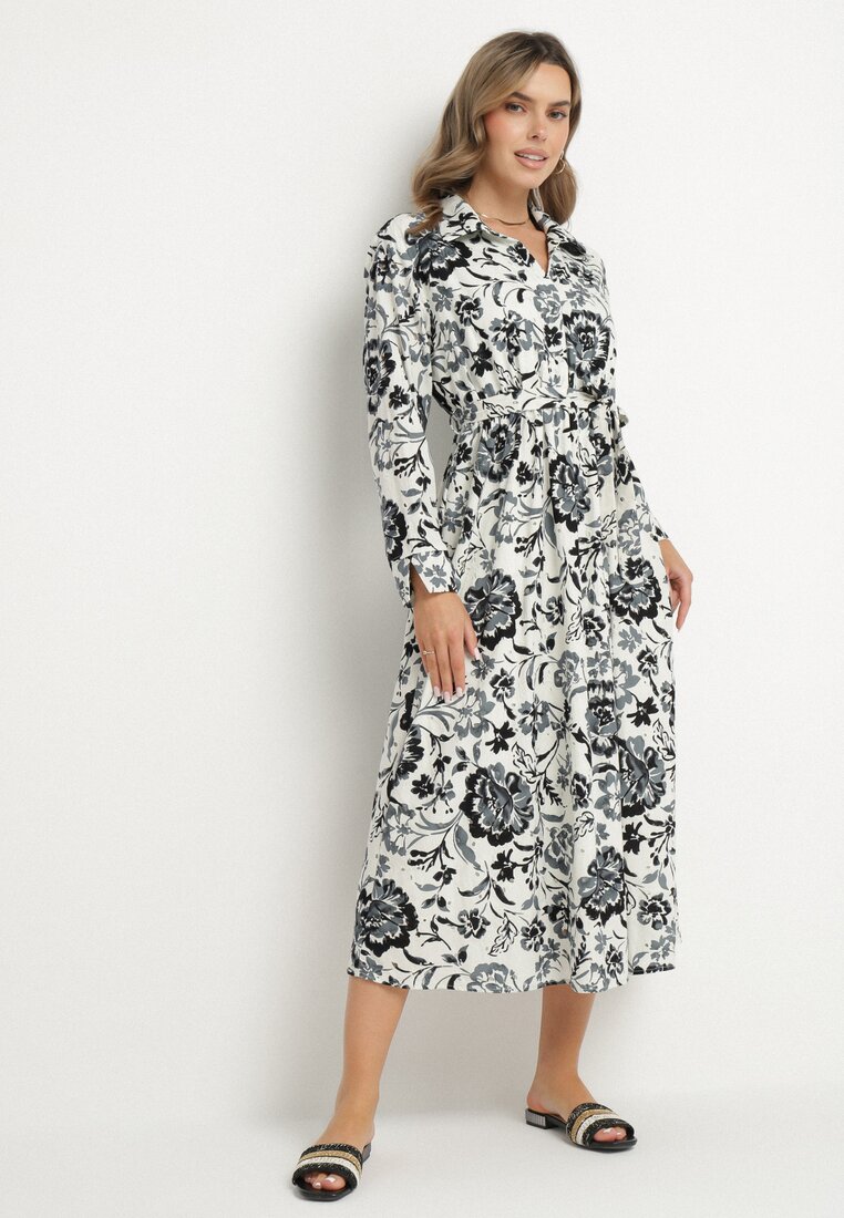 Rochie tip cămașă Albastră din Viscoză cu imprimeu floral cu cordon de legat Lorkia