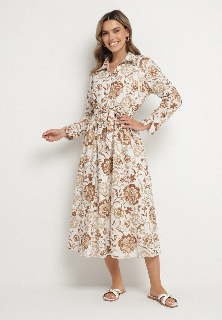 Rochie Tip Cămașă Bej Deschis din Viscoză cu Imprimeu Floral cu Cordon de Legat Lorkia