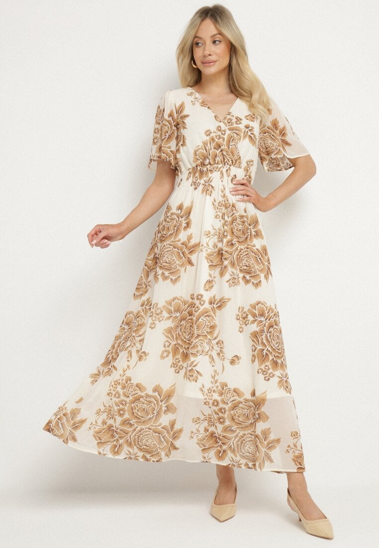 Rochie bej deschis, florală, cu croială evazată și legătură Raloiti