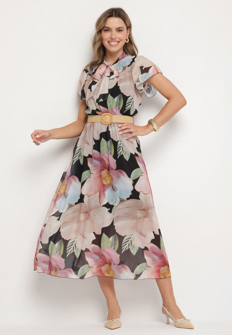 Rochie Neagră cu Croială Evazată, Legătură la Decolteu și Curea Sorilina