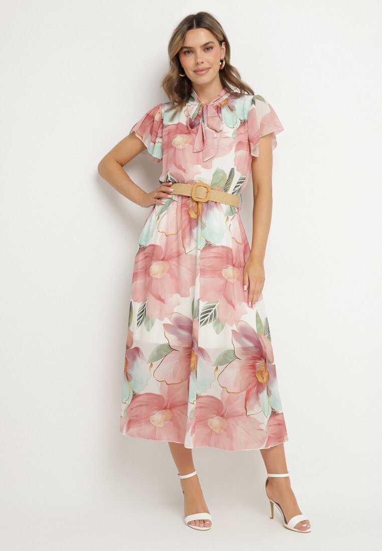 Rochie Roz cu croi evazat cu legătură la decolteu și cu curea Sorilina