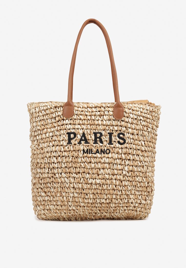 Geantă bej de plajă din împletitură de hârtie Shopper cu inscripție Galenira