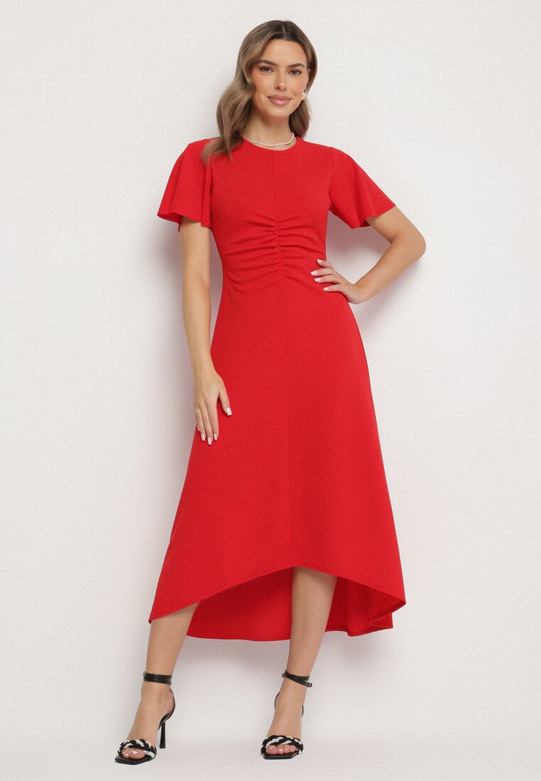 Rochie Roșie Cloș Decorată Cu Încrețituri Odallica