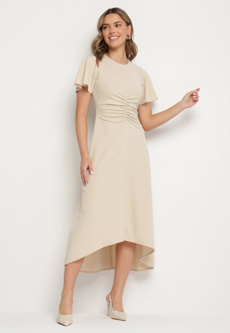 Rochie Bej Evazată Decorată cu încrețituri Odallica